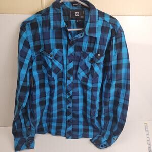 Ocean Current Blue & Black Plaid Long Sleeve Button-Up Flannel Men's Size M